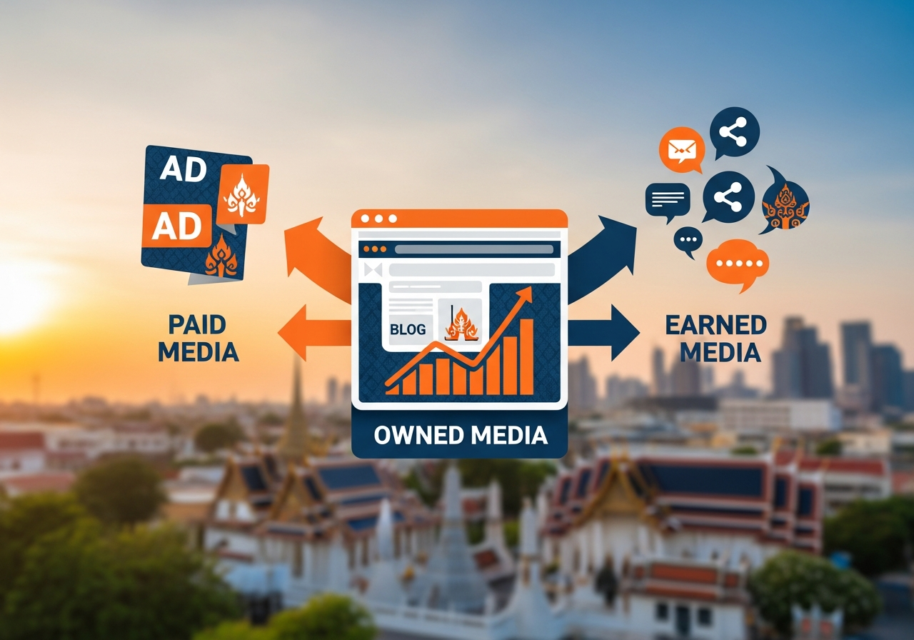 ภาพประกอบกลยุทธ์การเชื่อมโยง Owned Media เข้ากับ Paid และ Earned Media เพื่อสร้าง Ecosystem ที่แข็งแกร่ง