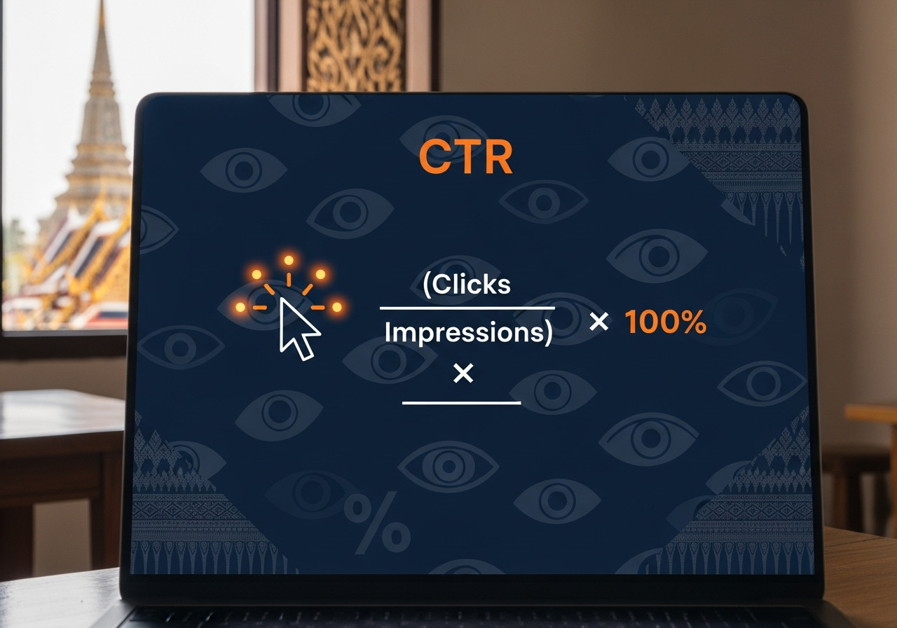 อินโฟกราฟิกอธิบายวิธีการคำนวณ Click-Through Rate (CTR) จากจำนวนคลิกและยอดการแสดงผล