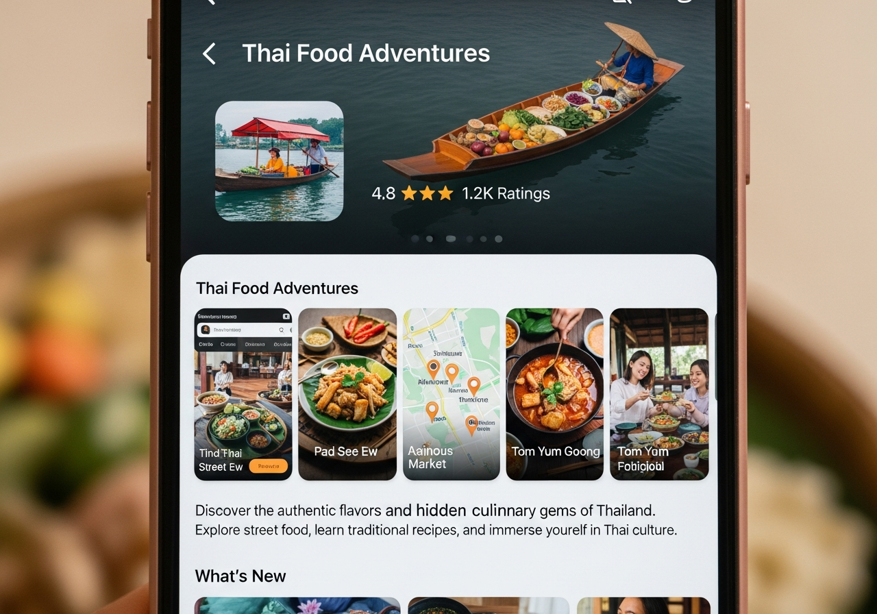 ภาพหน้าจอแอปใน App Store แสดงรายละเอียด ชื่อแอป ไอคอน คำบรรยาย และรีวิว