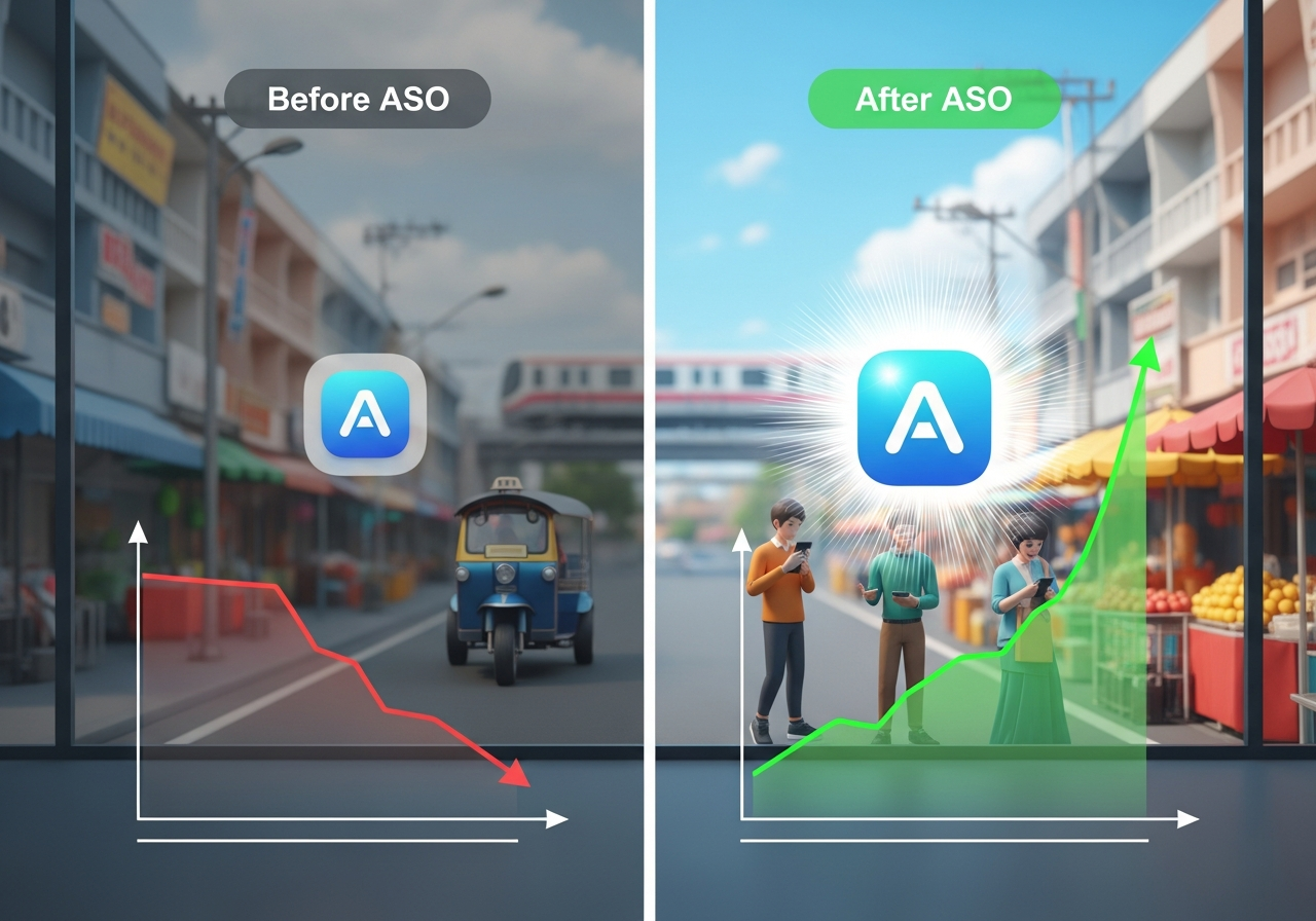 ภาพเปรียบเทียบผลลัพธ์ Before & After การทำ ASO ที่ส่งผลต่อจำนวนการดาวน์โหลดและอันดับแอป