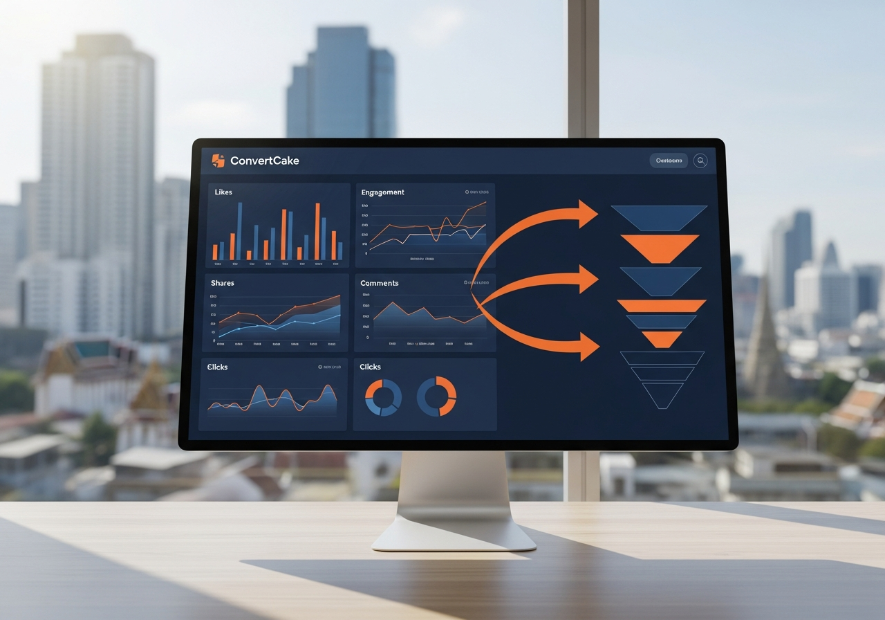 ภาพกราฟิกแสดง Dashboard การวิเคราะห์ Engagement Metrics และเส้นทางสู่ Conversion