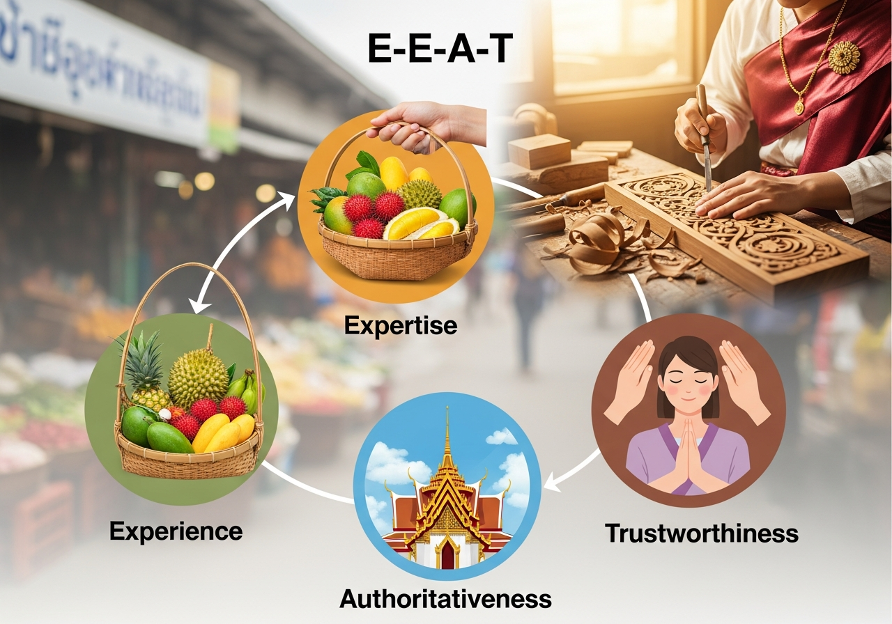 ภาพประกอบองค์ประกอบ E-E-A-T: ประสบการณ์, ความเชี่ยวชาญ, ความน่าเชื่อถือ และความไว้ใจ