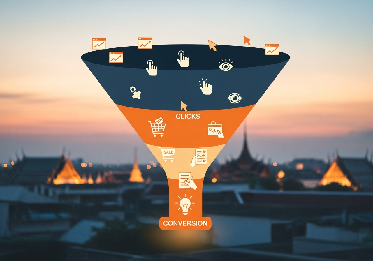 ภาพประกอบการทำงานของ Conversion Funnel ในการตลาดออนไลน์