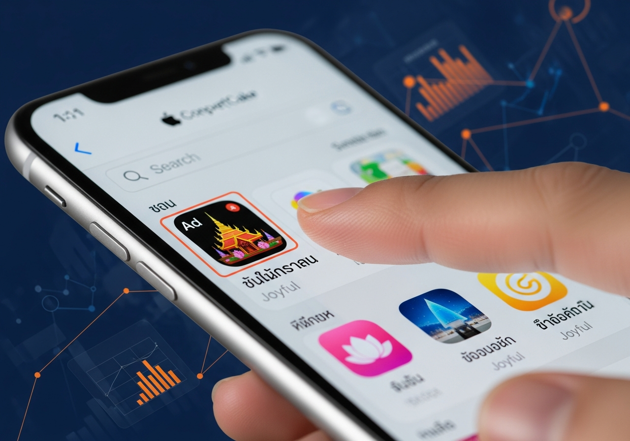 ผู้ใช้แตะโฆษณา Apple Search Ads บนหน้าผลการค้นหา App Store