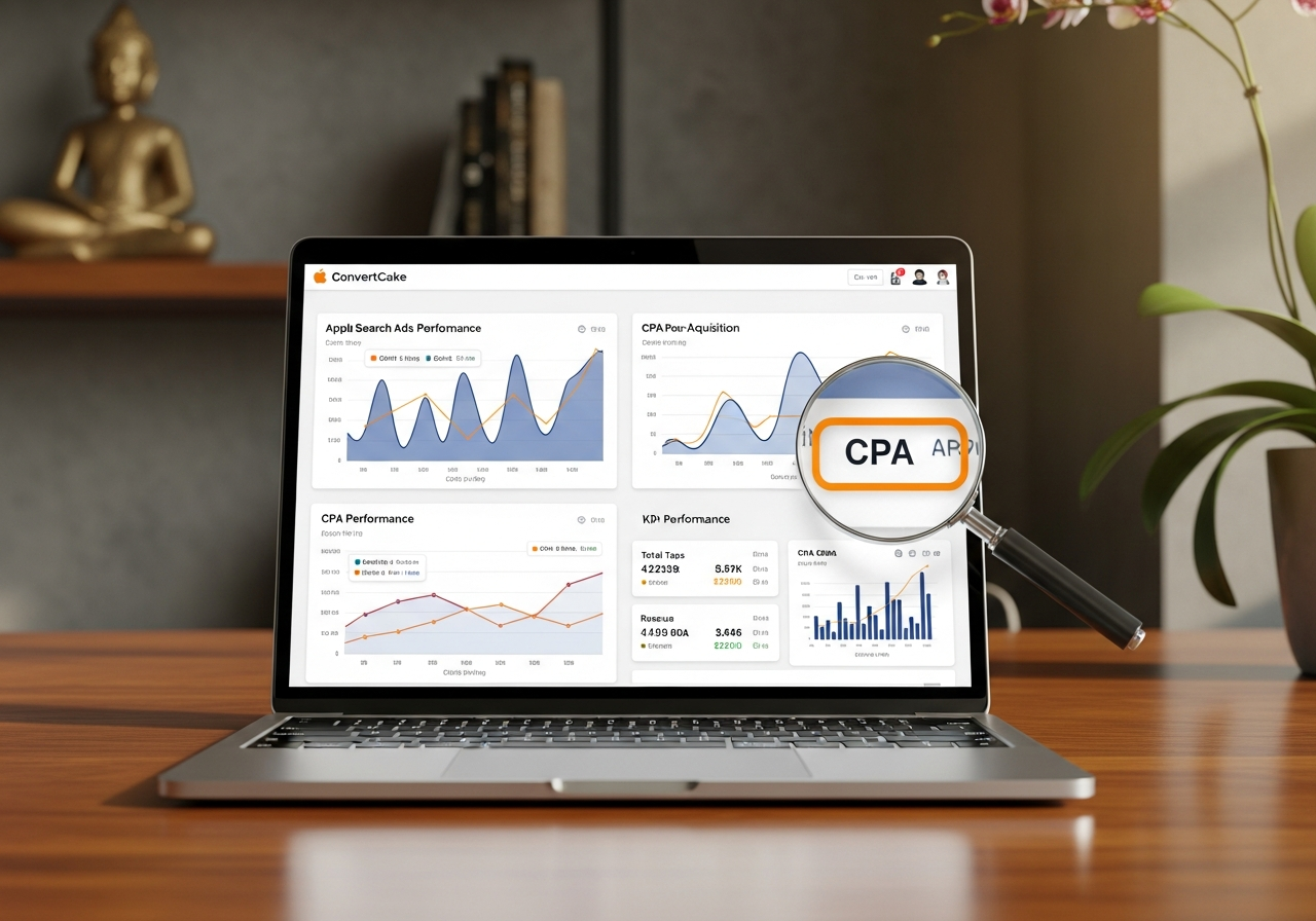แดชบอร์ดแสดงผลลัพธ์แคมเปญ Apple Search Ads พร้อมกราฟ CPT และ CPA