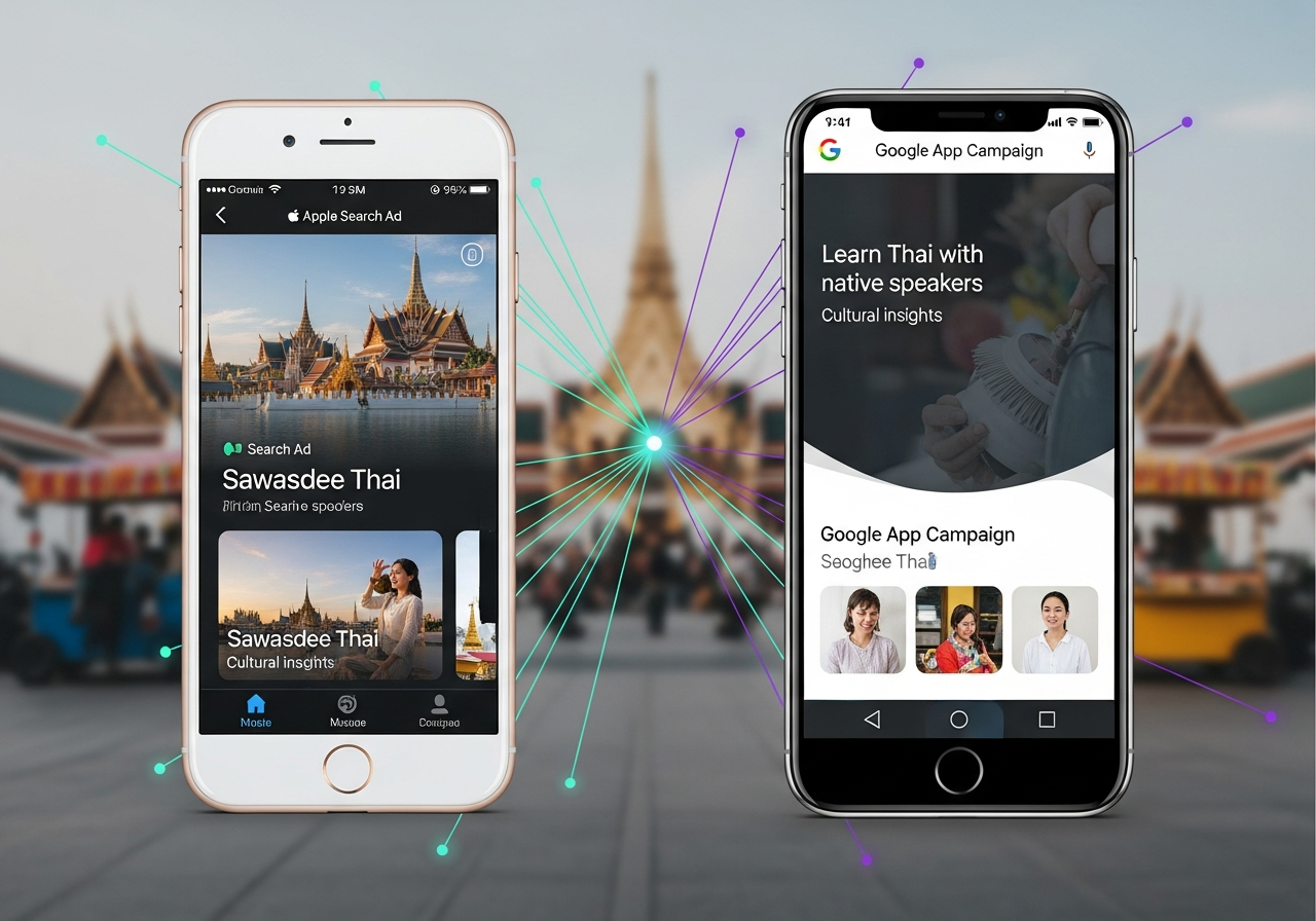 เปรียบเทียบโฆษณา Apple Search Ads บน iOS และ Google App Campaigns บน Android/Google Search