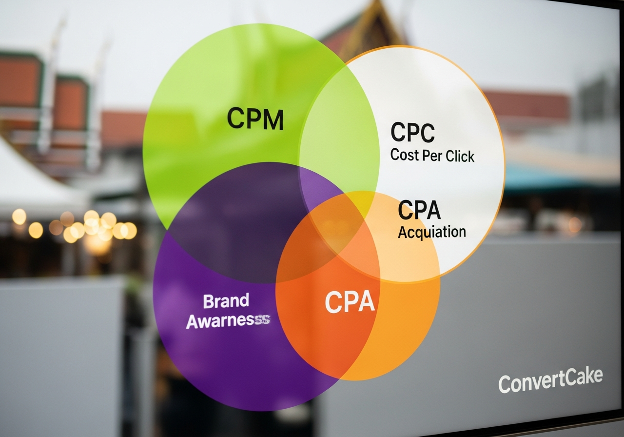 แผนภูมิเปรียบเทียบ CPM, CPC, และ CPA พร้อมวัตถุประสงค์หลัก