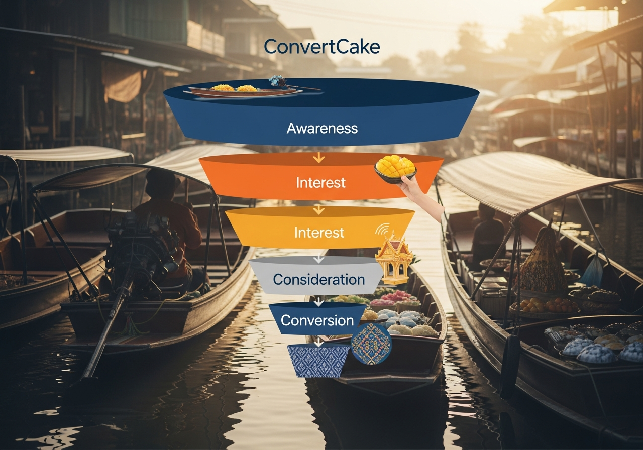 ภาพอินโฟกราฟิกแสดงขั้นตอนของ Conversion Funnel และการเพิ่มประสิทธิภาพ